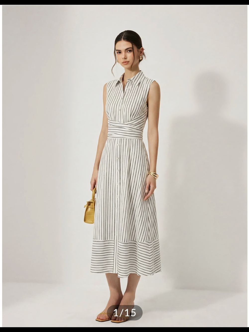 Striped Collared Sleeveless Tie Waist Midi Dress. 100% Cotton